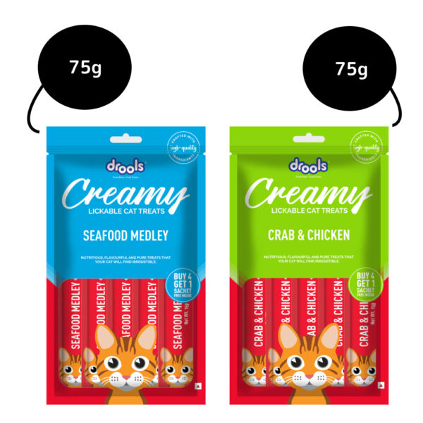 Drools Seafood Medley and Crab & Chicken Creamy Cat Treats Combo - 2x75g (10pcs)