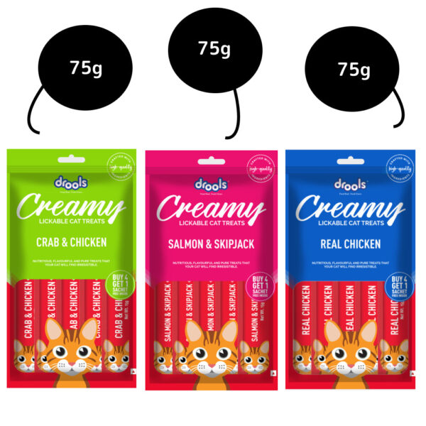 Drools Crab & Chicken, Real Chicken and Salmon & Skipjack Cat Treats Combo - 3x75g (15pcs)