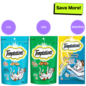 Temptations Seafood Medley Flavour, Tempting Tuna Flavour and Creamy Purrrr ee Chicken & Tuna Cat Treats Combo - 2x85g + 48g(4pcs)