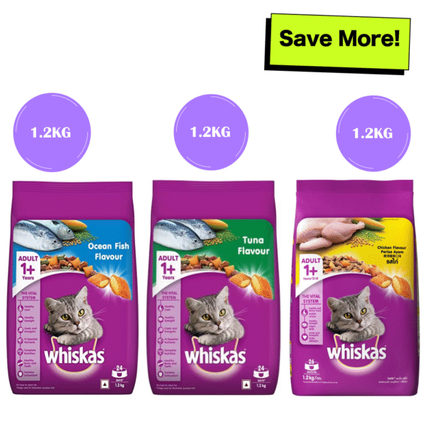 Whiskas Chicken, Ocean Fish and Tuna Flavour Adult Cat Dry Food Combo - 3x1.2kg