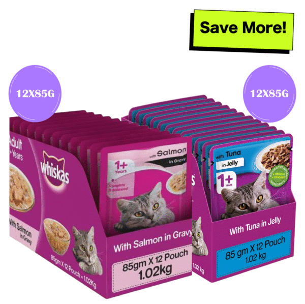 Whiskas Salmon in Gravy Meal and Tuna in Jelly Meal Adult Cat Wet Food Combo - 24x85g