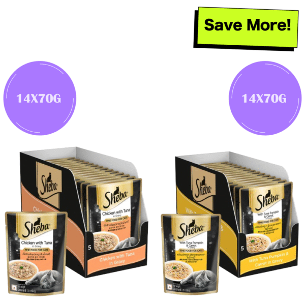 Sheba Tuna Pumpkin & Carrot In Gravy and Chicken With Tuna In Gravy Rich Premium Adult Fine Cat Wet Food Combo - 28x70g