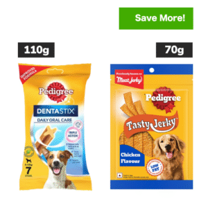 Pedigree Dentastix Oral Care for Adult (Small Breed of 5 to 10 kg) and Pedigree Chicken & Liver Flavour Tasty Jerky Dog Treats Combo - 110g (7pcs) + 70g
