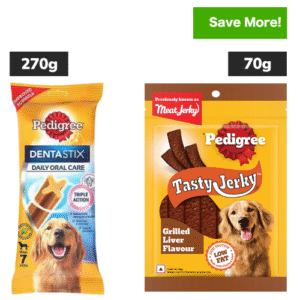 Pedigree Dentastix Oral Care for Adult (Large Breed of 25 kg+) and Grilled Liver Tasty Jerky Dog Treats Combo - 270g (7pcs) + 70g