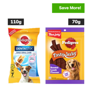Pedigree Dentastix Oral Care for Adult (Small Breed of 5 to 10 kg) and Roasted Lamb Tasty Jerky Dog Treats Combo - 110g (7pcs) + 70g