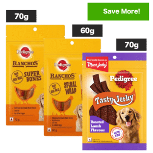 Pedigree Ranchos Super Bones Chicken & Milk, Spiral Wrap Chicken & Smokey Lamb and Roasted Lamb Tasty Jerky Dog Treats Combo - 2x70g+60g